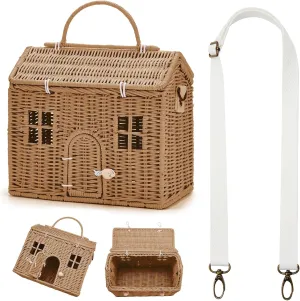 Doll Toys Storage Basket Small Dollhouses Cute Woven Handcrafted Artwork Gift(Khaki) Wettarn Handmade Rattan Doll House Rattan House Shape Shoulder Bag Wicker Basket pure oxide trove with Lid for 
