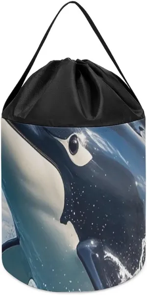 Drawstring Toy Bucket Bags Toy Hamper prey Round Toys Clothes Storage Basket for Playroom Killer Whale Toy Storage Basket Reusable 