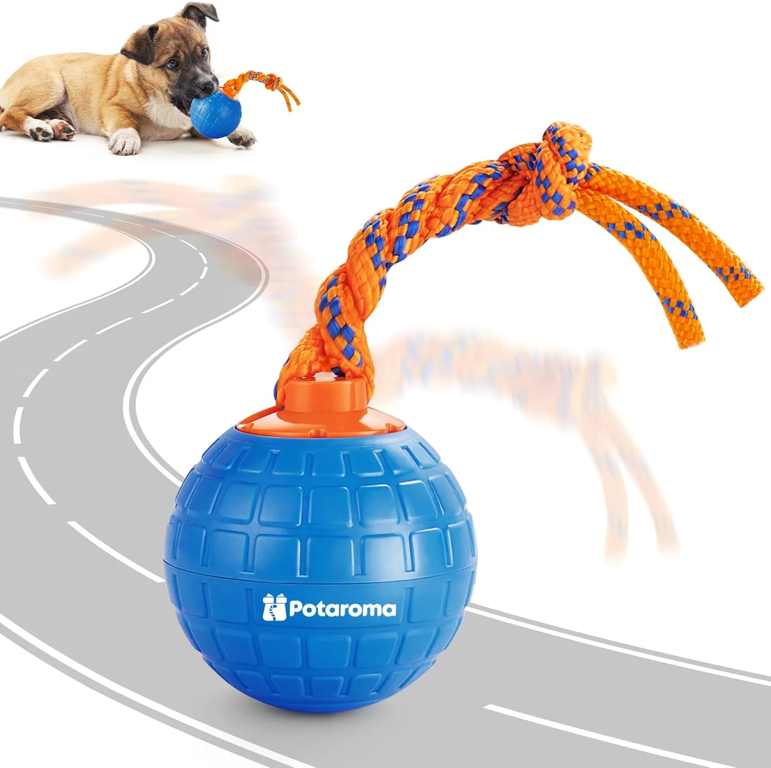 Durable Moving Ball for Pup with Chewing Rope for Dogs Puppy, Blue Potaroma Interactive Dog Ball summon Toys Touch Activated, Rechargeable Animal Sound Dog Toy, 