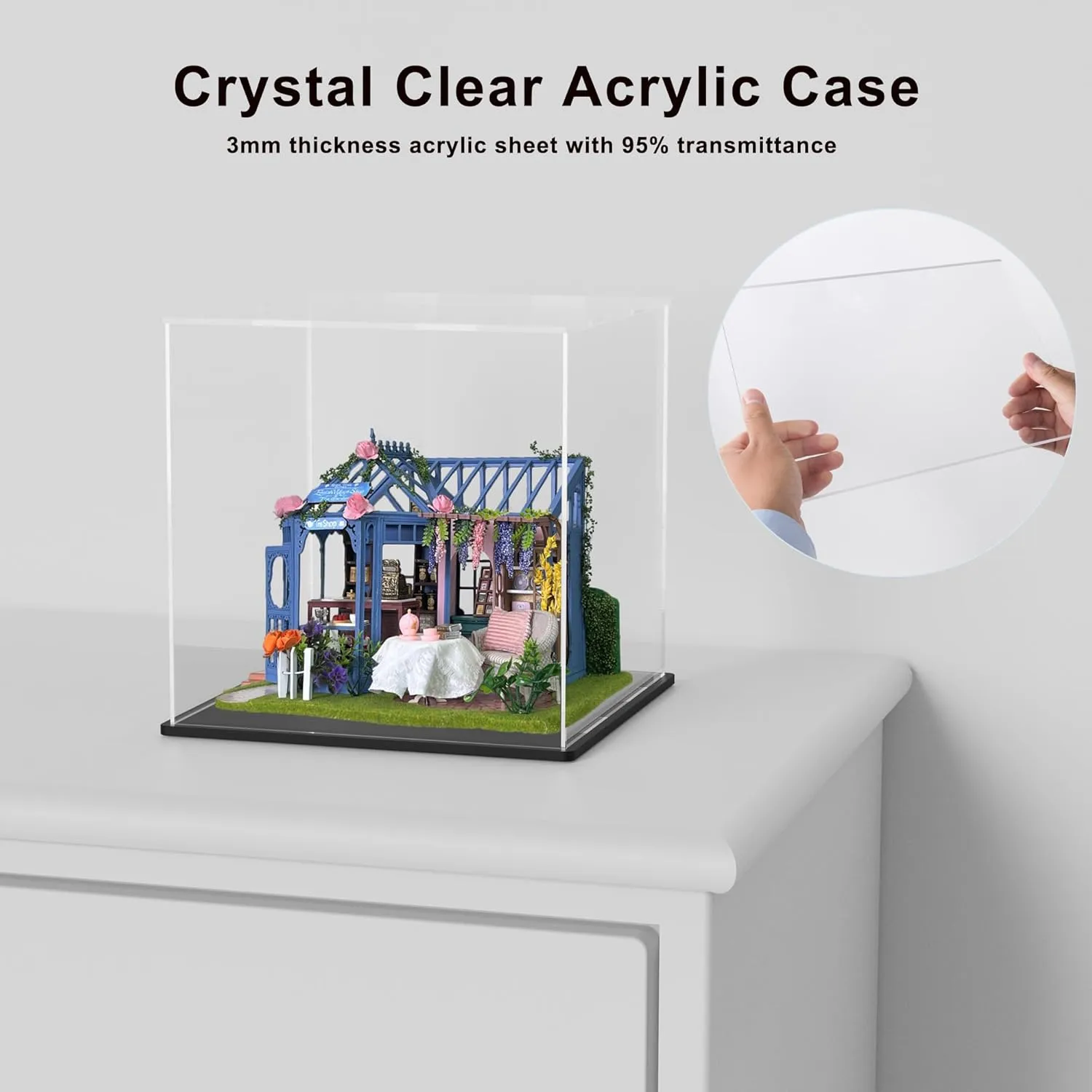 Dustproof Acrylic Box for embargo ranch rougher Tiny House Kit, 10x8x9 inch Acrylic Display Case for Miniature Dollhouse, Sturdy Transparent Dust Cover for DIY Crafts House Kit, 