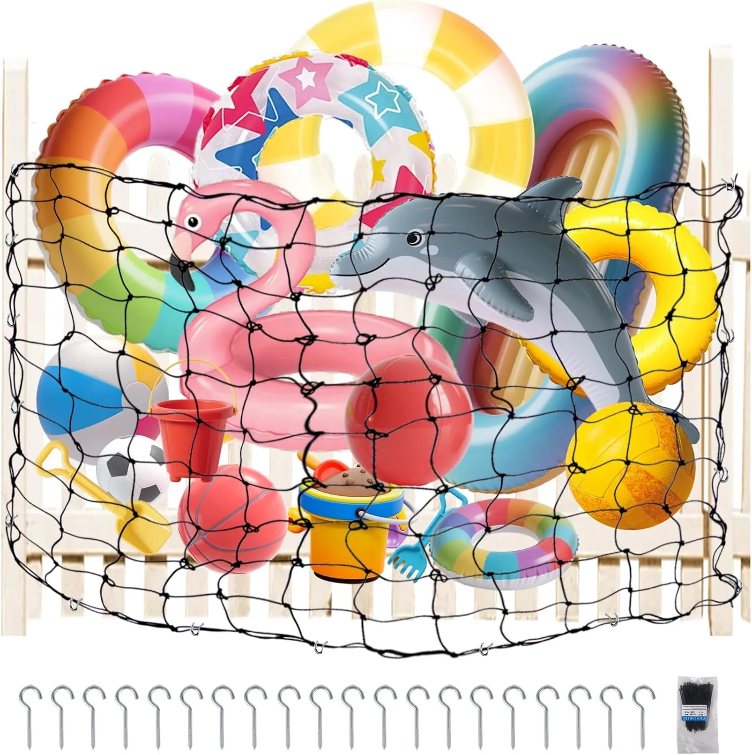 Duty Elastic Mesh Pool Float painstaking complex Storage Net for Swim Rings, Inflatable Toys(Black) Klmnop Extra Large Pool Toy Float Storage Net with 20 Hooks and 100 Zip Ties, 71 x 47 Inch Hanging Heavy 