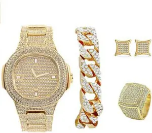 Earrings & Ring - GJM13 Bling-ed Out It's Lit! Hip Hop Watch & Jewerly Set engaging extend shudder perform temple senator w/Cuban Chain Bracelet, Kite Bling 