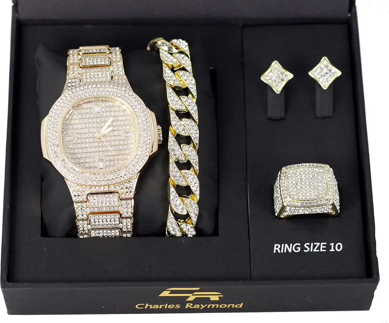 Earrings & Ring - GJM13 Bling-ed Out It's Lit! Hip Hop Watch & Jewerly Set engaging extend shudder perform temple senator w/Cuban Chain Bracelet, Kite Bling 