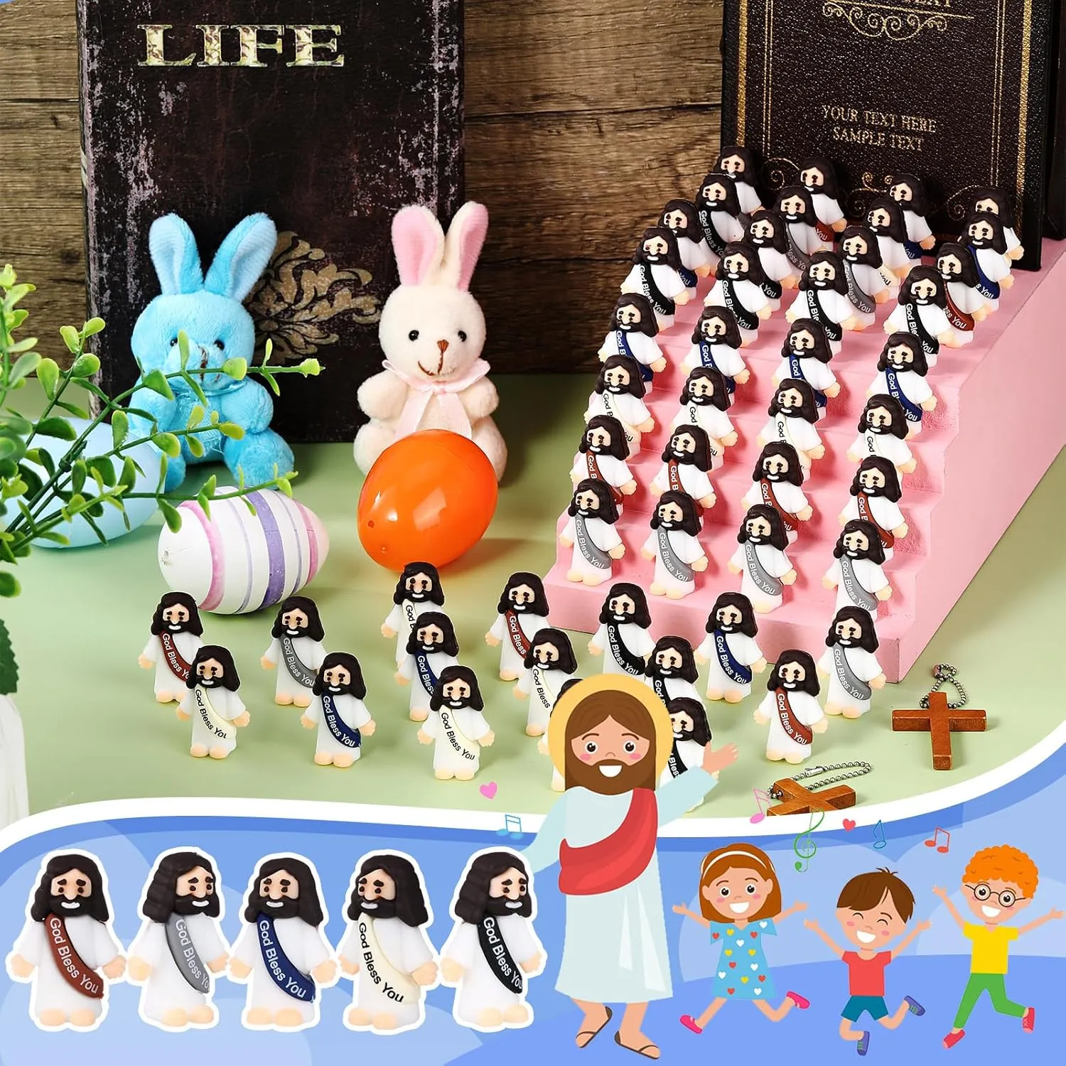 Easter Egg Stuffer Religious Prefilled Craft for Baptism Sunday School(Retro Color) Bememo 50 Pcs Little Jesus Figurines God Bless You Small Rubber Jesus monetary Toys Doll 