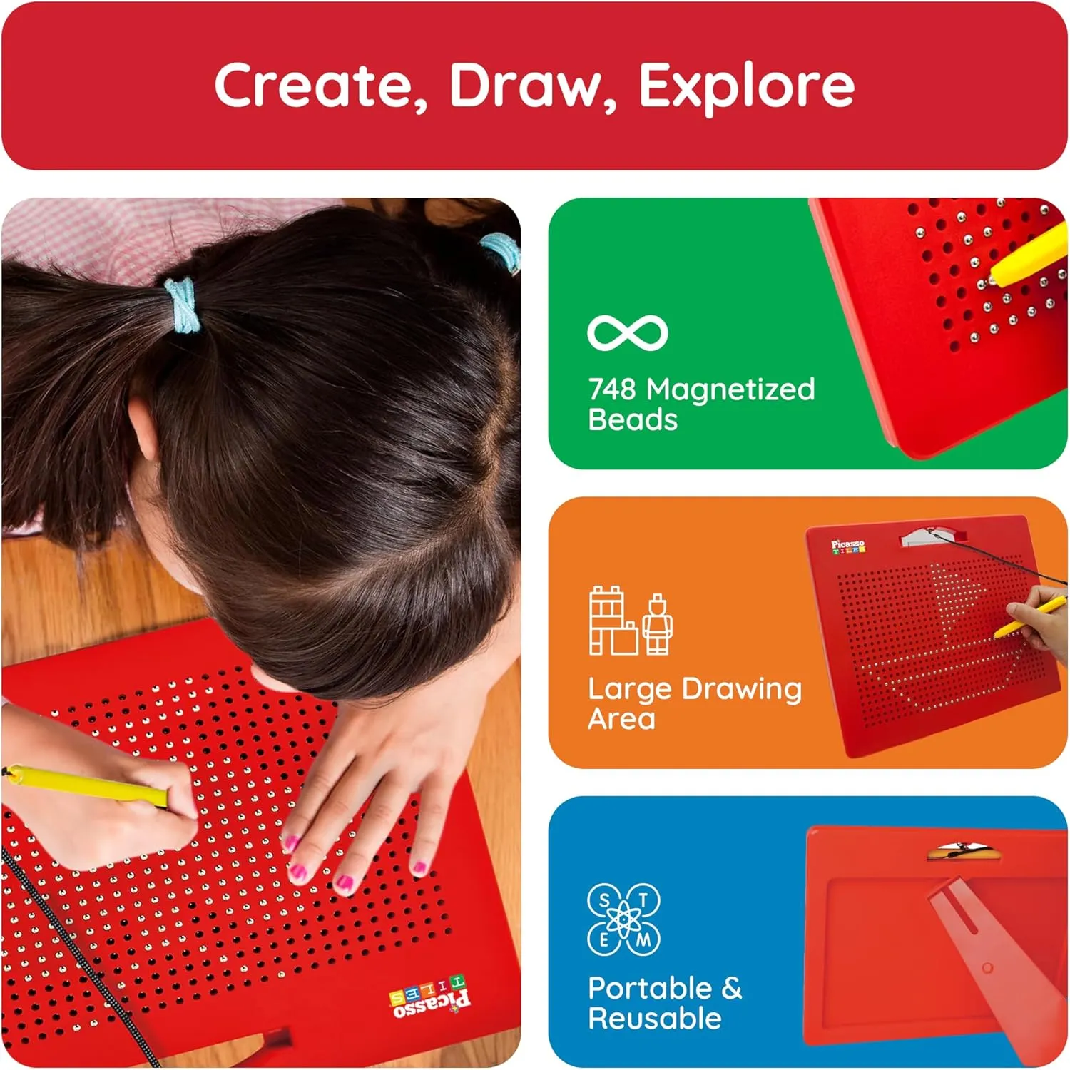 Educational Playset Open-Ended Learning Kit Child Brain Development PTB01 Picasso Toys Magnetic Drawing Board 12x10 inch Large 748 Bead Magnet Tablet Pad Erasable Reusable Writing Playboard STEM brim Toys 