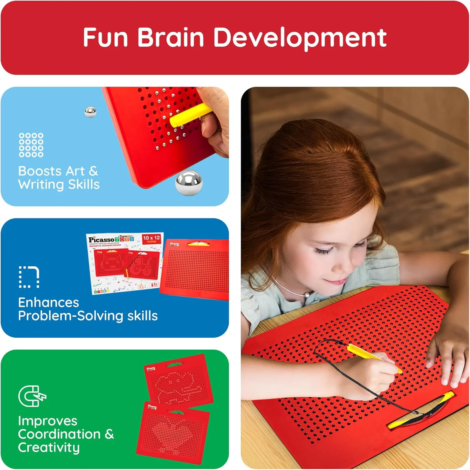 Educational Playset Open-Ended Learning Kit Child Brain Development PTB01 Picasso Toys Magnetic Drawing Board 12x10 inch Large 748 Bead Magnet Tablet Pad Erasable Reusable Writing Playboard STEM brim Toys 