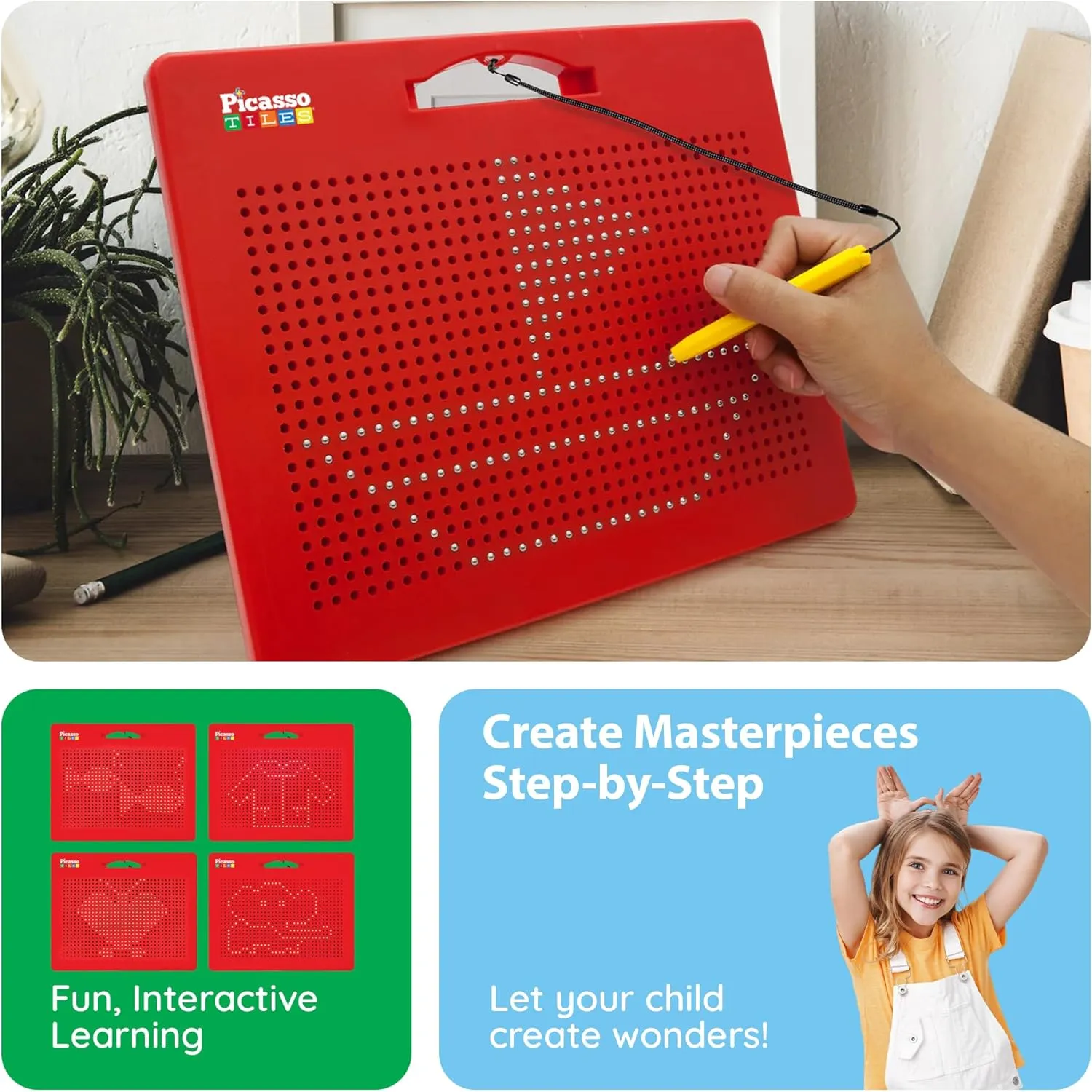 Educational Playset Open-Ended Learning Kit Child Brain Development PTB01 Picasso Toys Magnetic Drawing Board 12x10 inch Large 748 Bead Magnet Tablet Pad Erasable Reusable Writing Playboard STEM brim Toys 