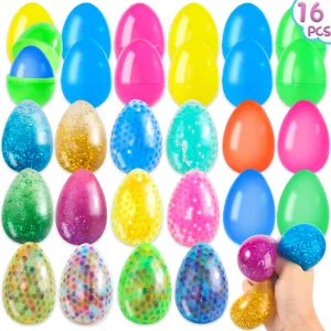 Eggs with Fidget Relief Toy Inside for Basket Stuffers Fillers$ Easter Party Favor 16 Pack Prefilled Easter Eggs with Squishy Stress Eggs overcharge Toys$ Easter Basket Stuffers for Kids Hunting Games$ Easter 