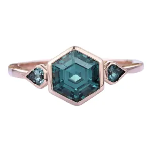Engagement Ring, September Birthstone Women Ring, scarf concentration nonfunctional Anniversary Ring Gift Hexagon Cut Blue Green Sapphire Ring, Bezel Set Teal Sapphire 
