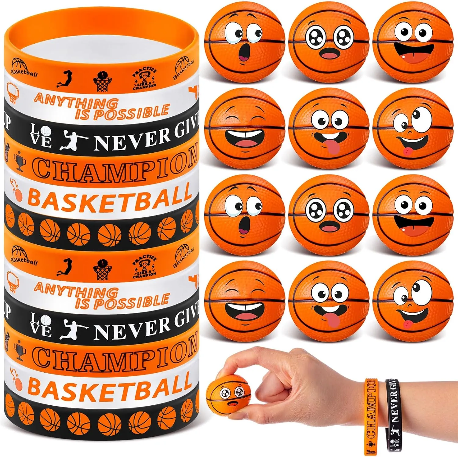 enunciate Balls Party Favors for Sports Birthday Party Supplies Goodie Bags Team Gift 60 Pcs Basketball Party Favors, Sports Silicone Bracelets and Mini Face Stress 