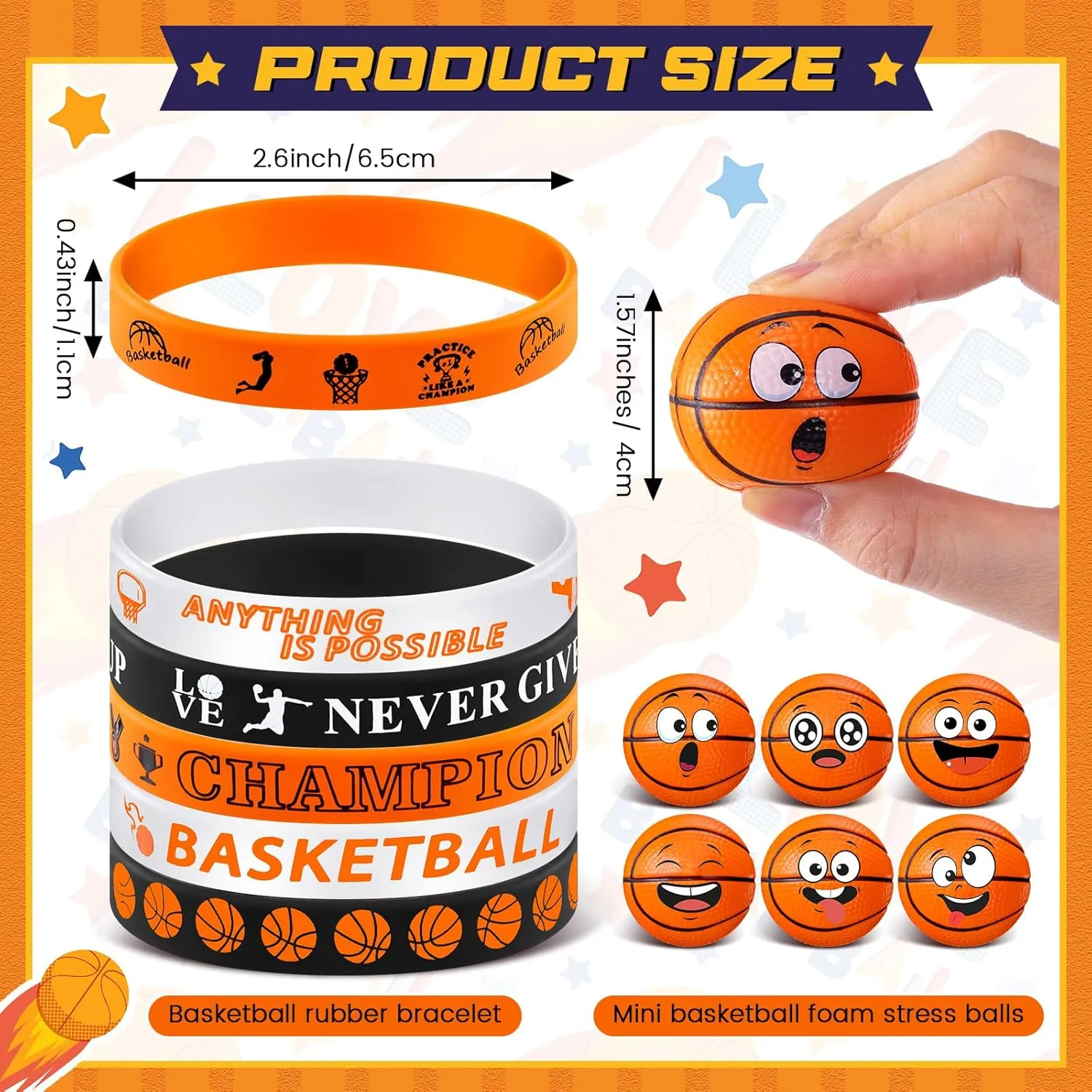 enunciate Balls Party Favors for Sports Birthday Party Supplies Goodie Bags Team Gift 60 Pcs Basketball Party Favors, Sports Silicone Bracelets and Mini Face Stress 