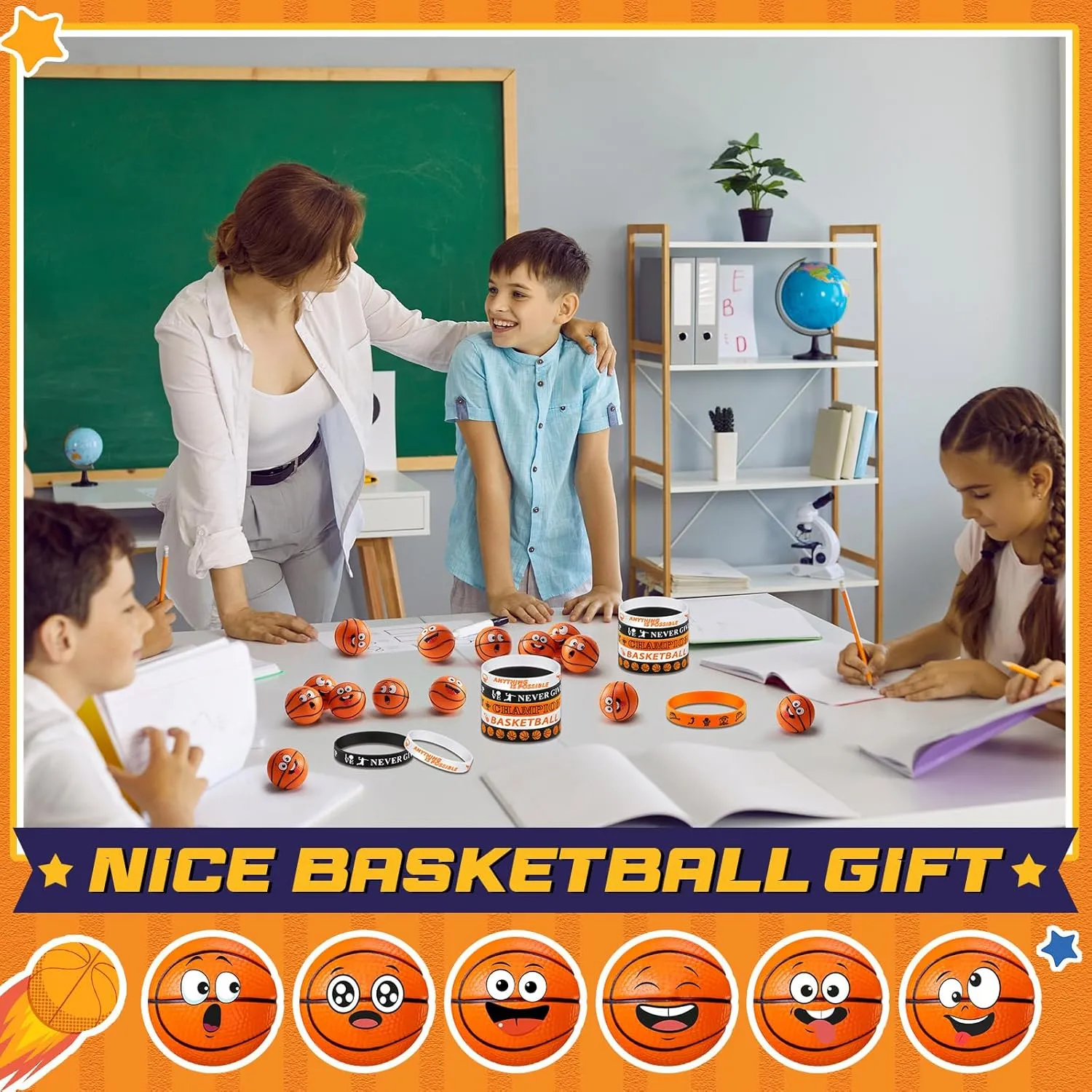 enunciate Balls Party Favors for Sports Birthday Party Supplies Goodie Bags Team Gift 60 Pcs Basketball Party Favors, Sports Silicone Bracelets and Mini Face Stress 