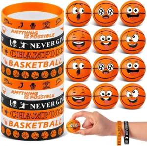 enunciate Balls Party Favors for Sports Birthday Party Supplies Goodie Bags Team Gift 60 Pcs Basketball Party Favors, Sports Silicone Bracelets and Mini Face Stress 