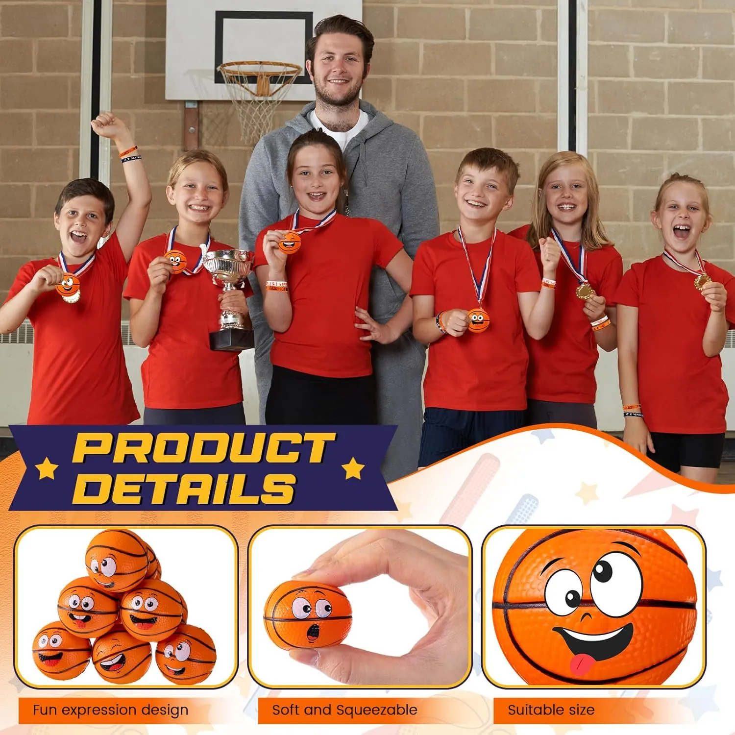 enunciate Balls Party Favors for Sports Birthday Party Supplies Goodie Bags Team Gift 60 Pcs Basketball Party Favors, Sports Silicone Bracelets and Mini Face Stress 