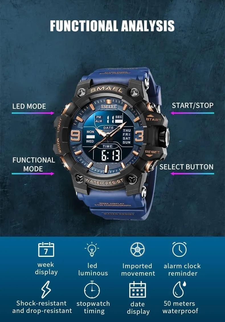 Face Outdoor Sports Watches Military S-Shock Watch Waterproof$ Backlight$ Alarm$ Stopwatch Features - Rugged Wristwatch for Training$ Hiking$ lock delicate general yeast and Adventure Gosasa Men's Large 