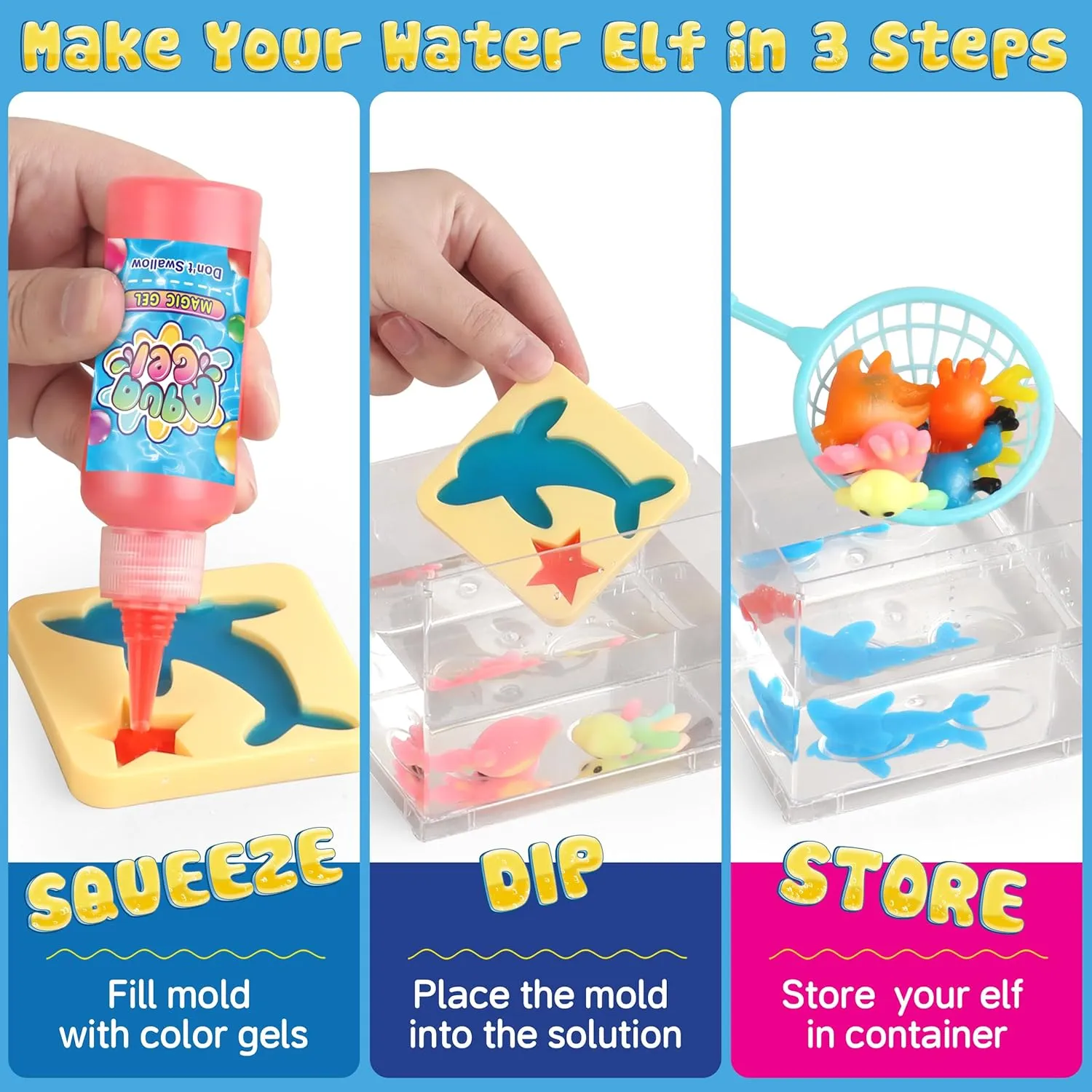 Fairy Water compass clipper Gel Kit for Kid, Magic Water Elf Toy Kits with 12PCS Magic Gel and Animal Molds-Gift for Christmas,Birthday,New Year,Creative Art Craft Kit for Girls 6 7 8 10 Year Old wookidel Aqua 
