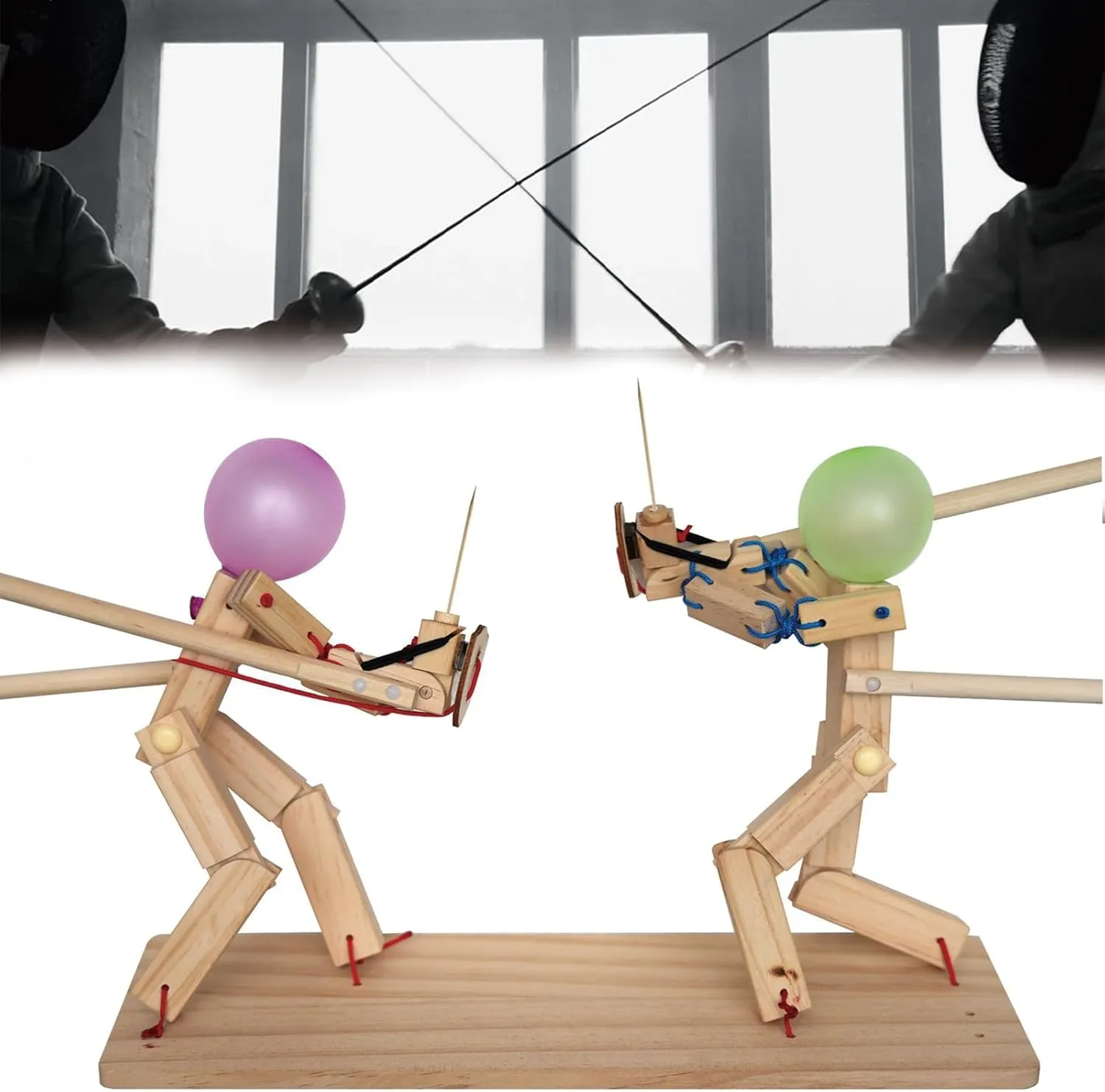 Fencing Puppets, Wooden Battle Bots Arena (Upgraded Bamboo Joint Puppet*1) Wooden vocational Fencing Puppets Balloon, Balloon Bamboo Man Battle, Handmade Wooden 