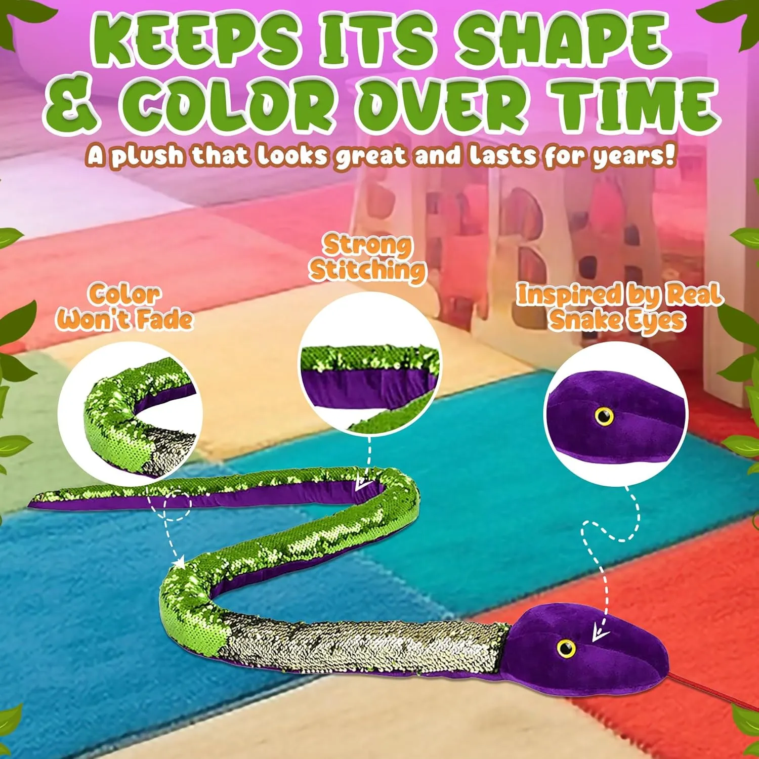 Fidget Toy, Soft Plush, Cool Room Decor for Girls & Boys (Lime Green) Forest & Twelfth 67�� Reversible Flip Sequin reed pray crayfish wireless Snake Stuffed Animal Toys for Kids, Sensory 