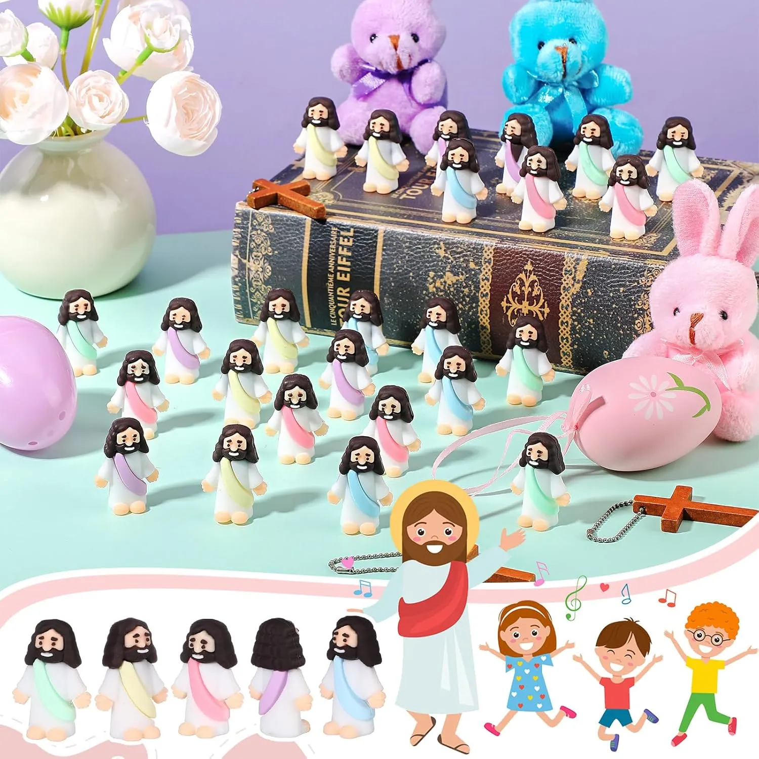 Figures Original Design Miracle luster seclusion Mini Pocket Jesus to Hide and Seek Easter Egg Filling Religious Party Favors Sunday School Baptism Gifts(Macaron Color) Sumind 50 Pcs Little Jesus 