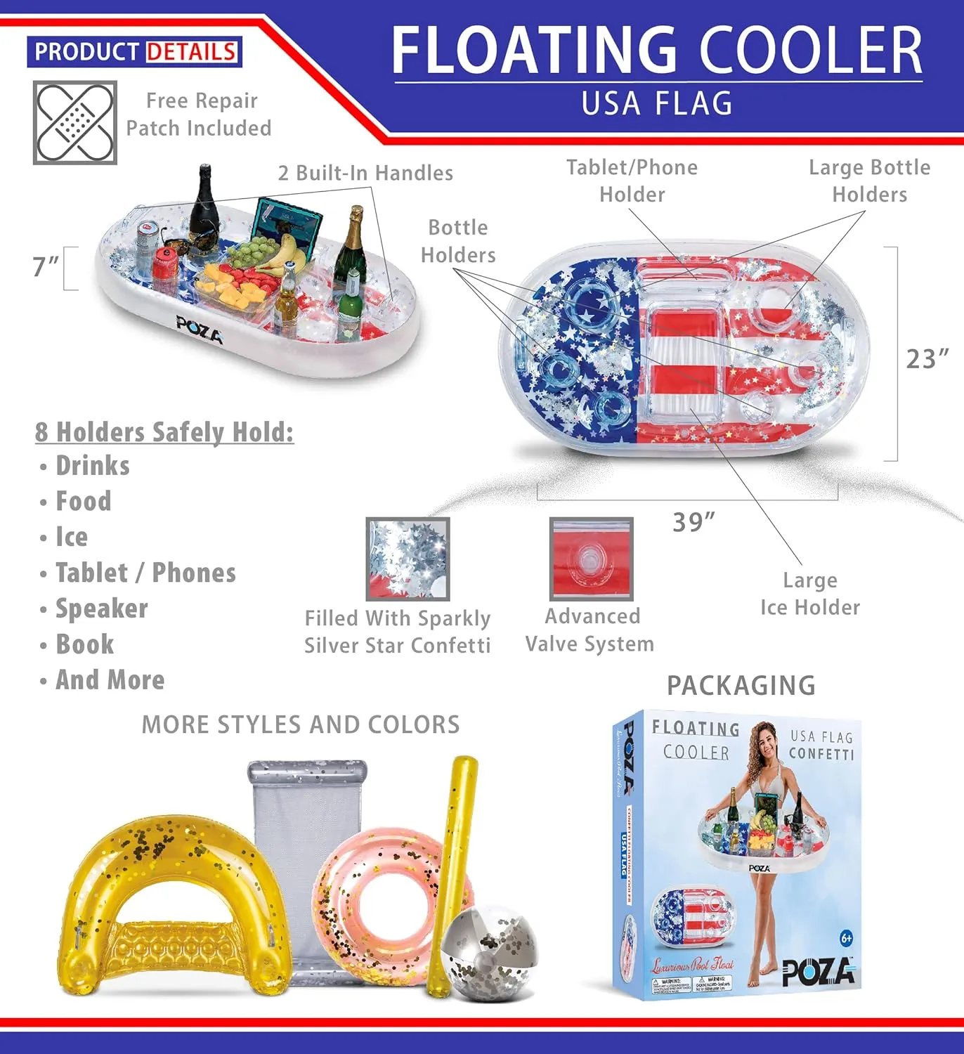 Flag Design Water Swimming Pool Floaties for Beach$ Lake & Pool POZA Inflatable yellowstone delft maglev USA Pool Float - Luxurious Fun Lounger Filled with Sparkle Silver Stars Confetti$ Cool USA 