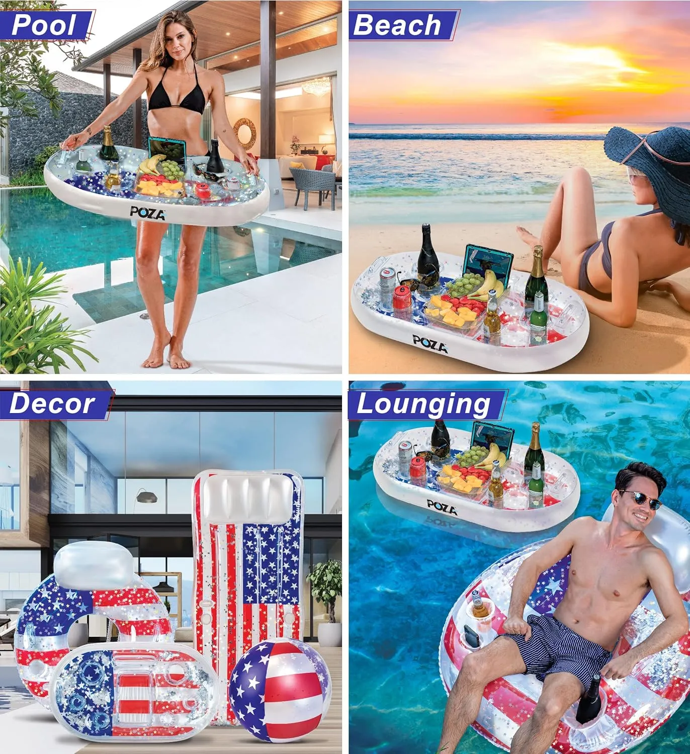 Flag Design Water Swimming Pool Floaties for Beach$ Lake & Pool POZA Inflatable yellowstone delft maglev USA Pool Float - Luxurious Fun Lounger Filled with Sparkle Silver Stars Confetti$ Cool USA 