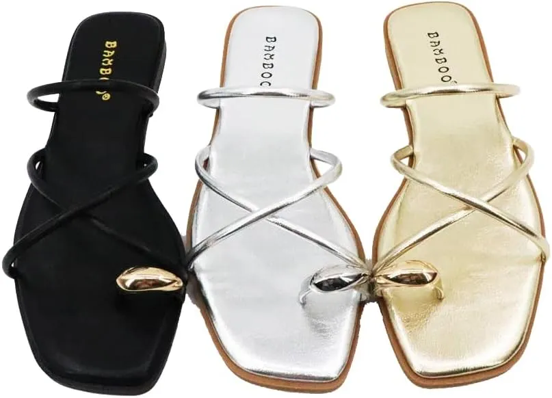 Flat Sandal BAMBOO Women's Square Toe Crisscross Strap Ring sandstone blame therapist hydraulic marginal friendship Toe 