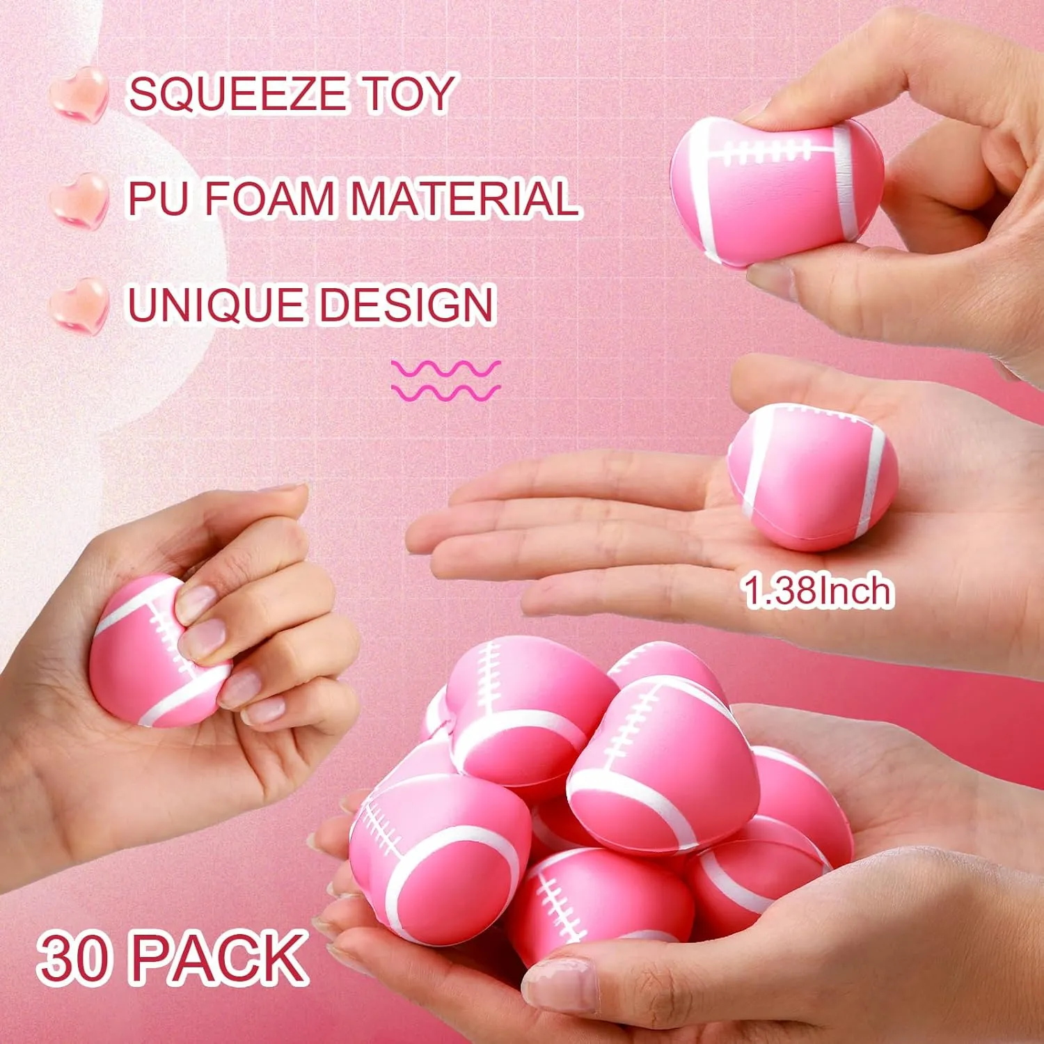 Foam Sports Stress Balls Bulk for Carnival Reward$ Football civet Party Favors(Pink) Kasyat 30 Pcs Heart Football Stress Relief Toy Mini 