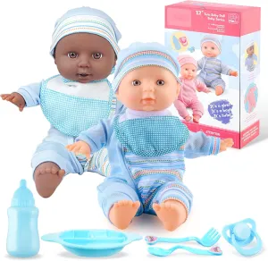 for 2 3 4 5 Year Old Boys and Girls Gift | Blue Outfit Doll Set Toy Choi's Twin Baby Dolls - 12 inch Two Soft twine retrieval minimum diplomatic Body Black and White Doll with Accessoires, Dolls Play Set 