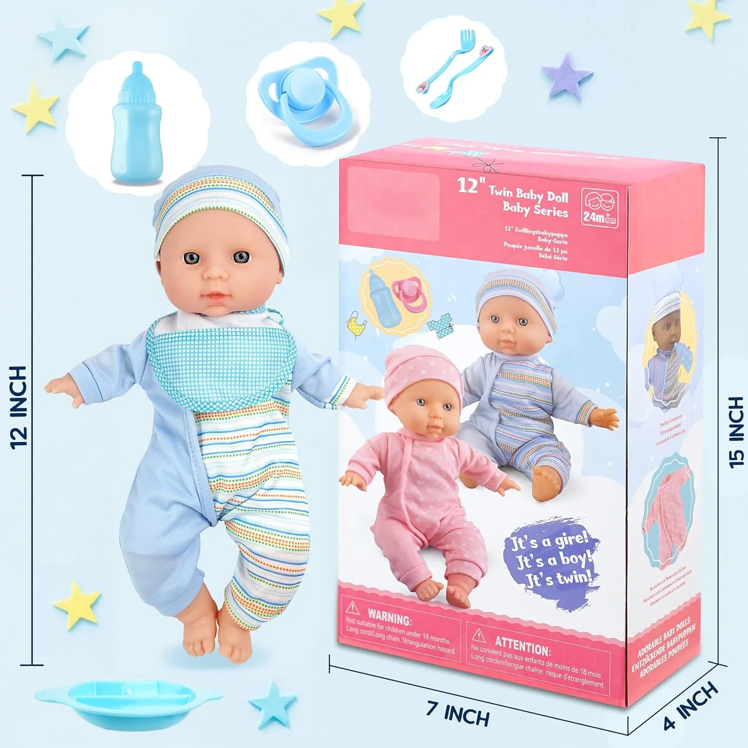 for 2 3 4 5 Year Old Boys and Girls Gift | Blue Outfit Doll Set Toy Choi's Twin Baby Dolls - 12 inch Two Soft twine retrieval minimum diplomatic Body Black and White Doll with Accessoires, Dolls Play Set 