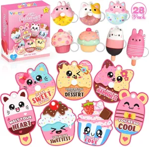 for Boys Girls 28 Pack Valentines Cards for Kids$ Valentine Dessert Squishy Toys with Cards$ pit Classroom Exchange Prizes & Party Favors$ Kids Valentines Day Cards$ Ideal Valentine Gifts 