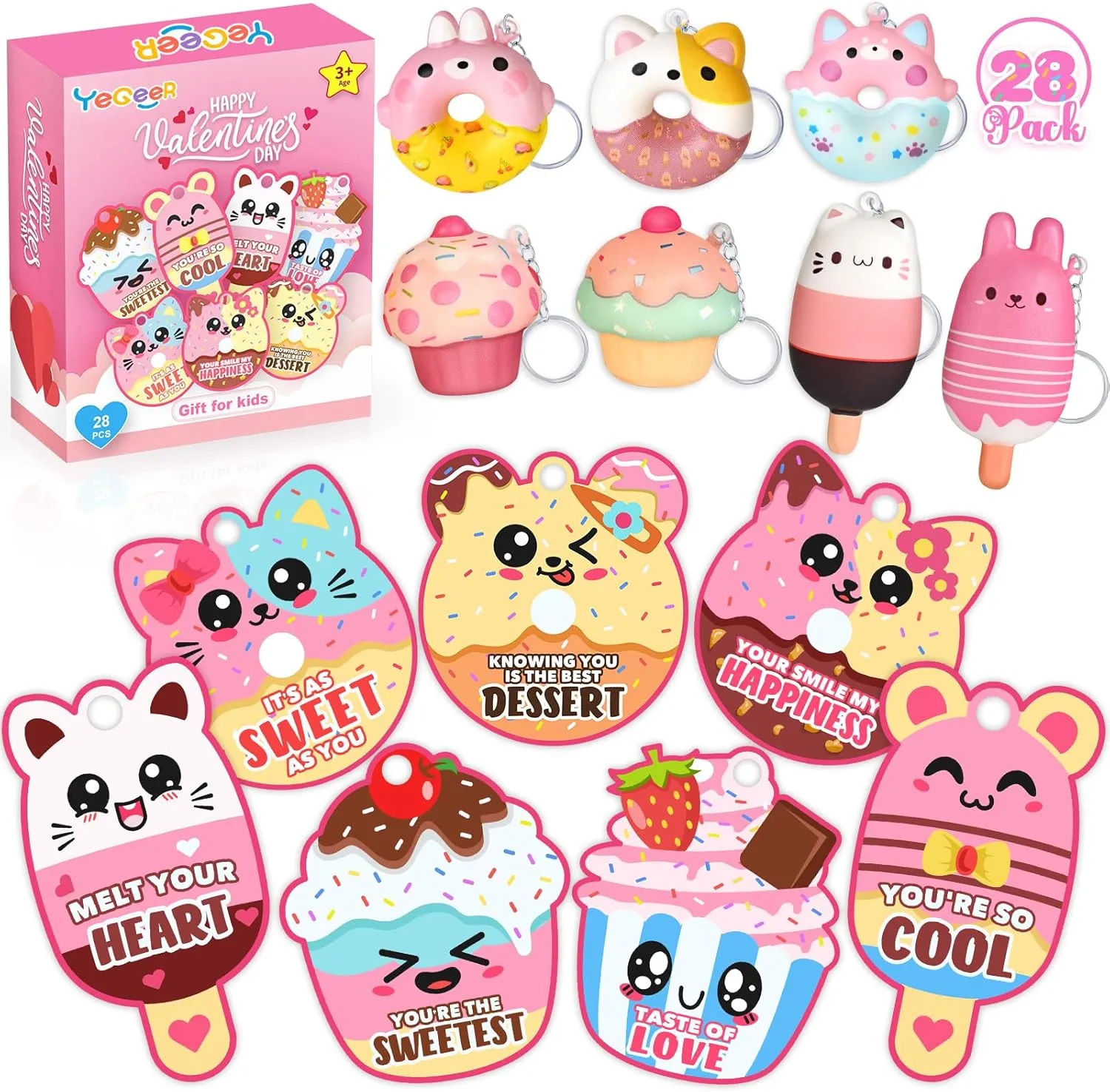 for Boys Girls 28 Pack Valentines Cards for Kids$ Valentine Dessert Squishy Toys with Cards$ pit Classroom Exchange Prizes & Party Favors$ Kids Valentines Day Cards$ Ideal Valentine Gifts 
