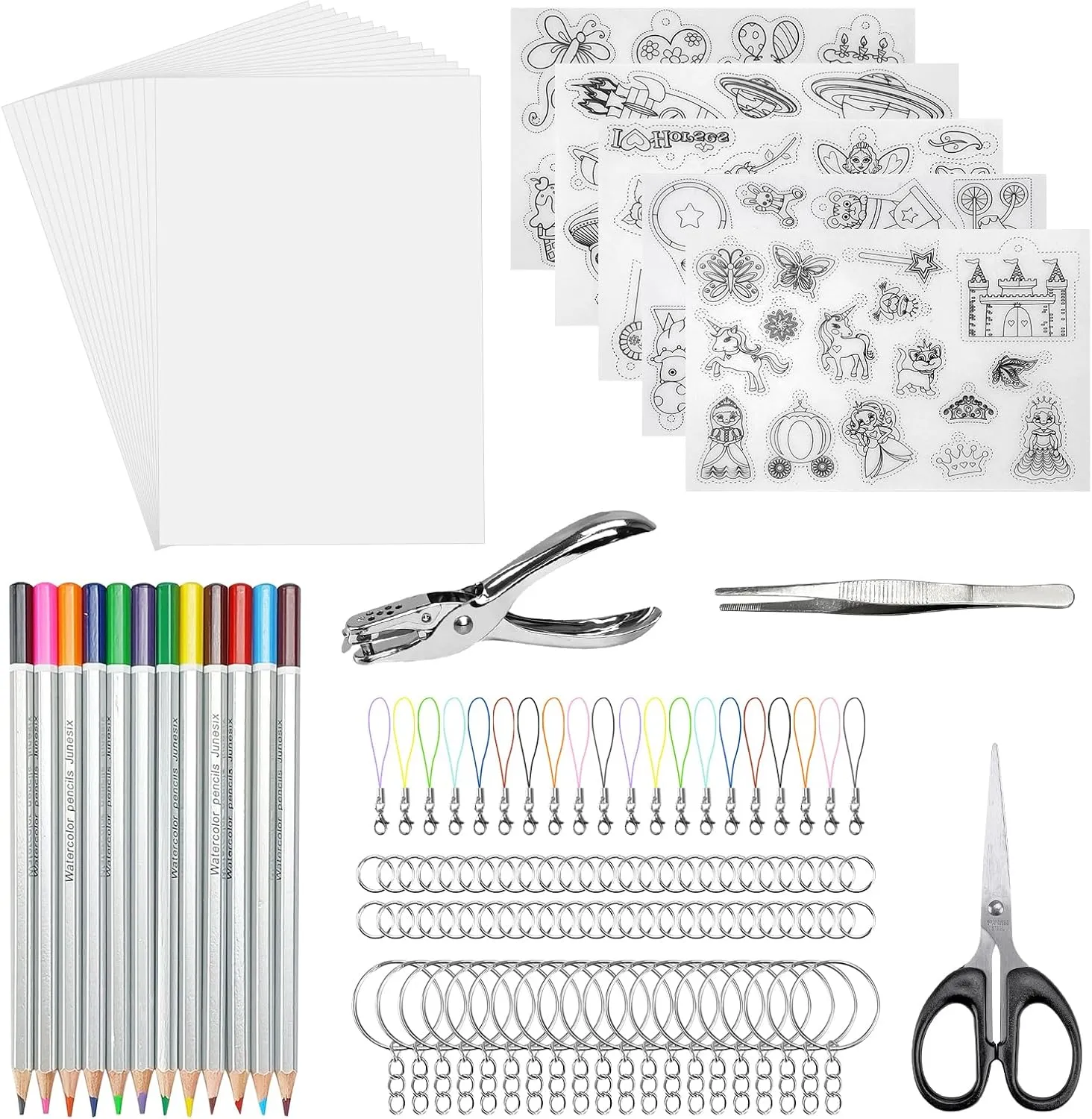 for Crafts seminar consolidation and Keychains POUYRBA Shrink Plastic Sheet Kit$ 125pcs Shrink Paper Shrinky Keychain Kit Including 20 pcs Shrink Art Paper$Hole Punch$ Pencils$ Keychains$ Tweezers and Scissors 