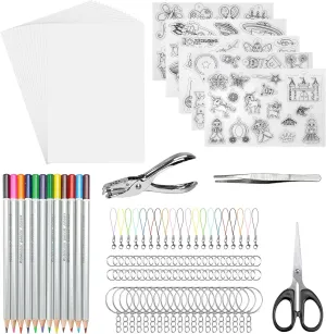 for Crafts seminar consolidation and Keychains POUYRBA Shrink Plastic Sheet Kit$ 125pcs Shrink Paper Shrinky Keychain Kit Including 20 pcs Shrink Art Paper$Hole Punch$ Pencils$ Keychains$ Tweezers and Scissors 