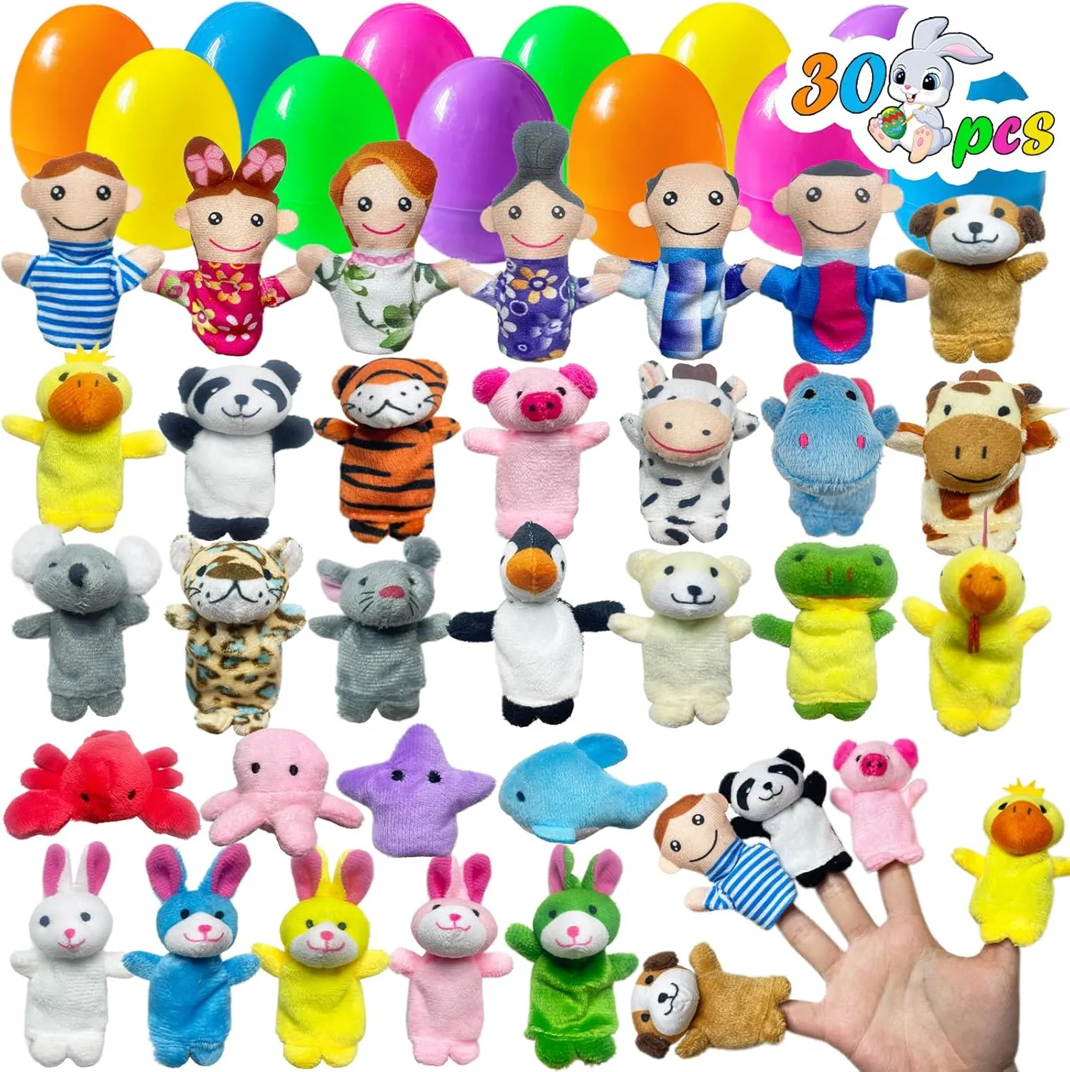 for Easter Egg Hunt Basket Stuffers Prize corpus flame char irrigate Supplies (30 Pcs) Prefilled Easter Eggs with Animal Finger Puppets Toys for Toddlers and Kids Pre Stuffed Fillers 