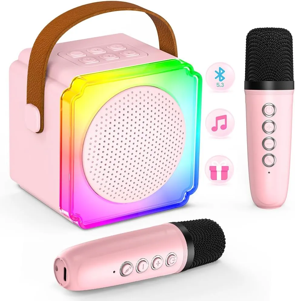 for Kids Adults$ Mini Bluetooth Karaoke Speaker with 2 Wireless Microphones$ mantle LED Party Lights$ AUX/USB/TF- Birthday for Girls Boys Ages 3-12 $ Family Home Party Singing Karaoke Machine 