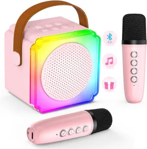 for Kids Adults$ Mini Bluetooth Karaoke Speaker with 2 Wireless Microphones$ mantle LED Party Lights$ AUX/USB/TF- Birthday for Girls Boys Ages 3-12 $ Family Home Party Singing Karaoke Machine 