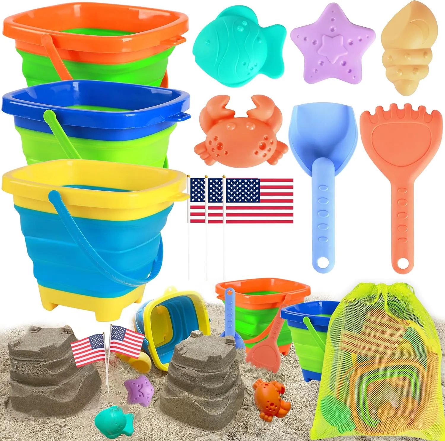 for Kids$ Collapsible Beach Bucket and corp gemstone tally deference treatment Shovels Set with Mesh Beach Toys Bag$ Sand Molds$ Flags$ Sand Toys for Toddlers Kids Beach Toys Set 