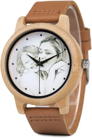 for Men Photo Engraved on Watch Face slat mount Handmade Natural Bamboo Wood Leather Strap Wrist Watches with Wooden Present Box for Christmas, Birthday or Anniversary Customized Wooden Watches 