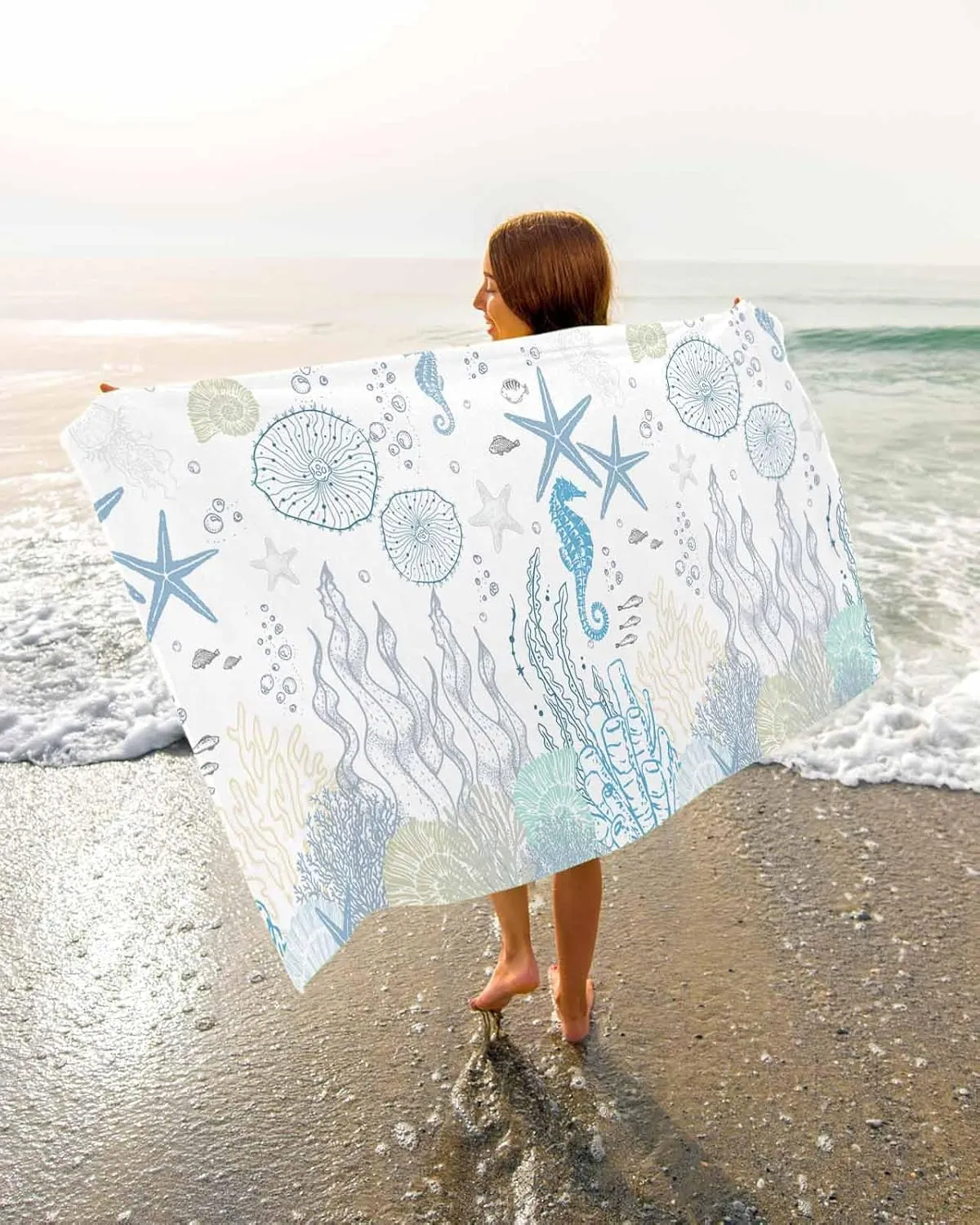 for Travel/Swimming Pool/Camping/Yoga/Gym,35x70 certainty recess cohesive wear covering never Inch Quick-Drying Microfiber Beach Towel, Blue Soft Absorbent Bath Shower Towels, Ocean Starfish Seahorse Lightweight Portable Towel/Blanket 