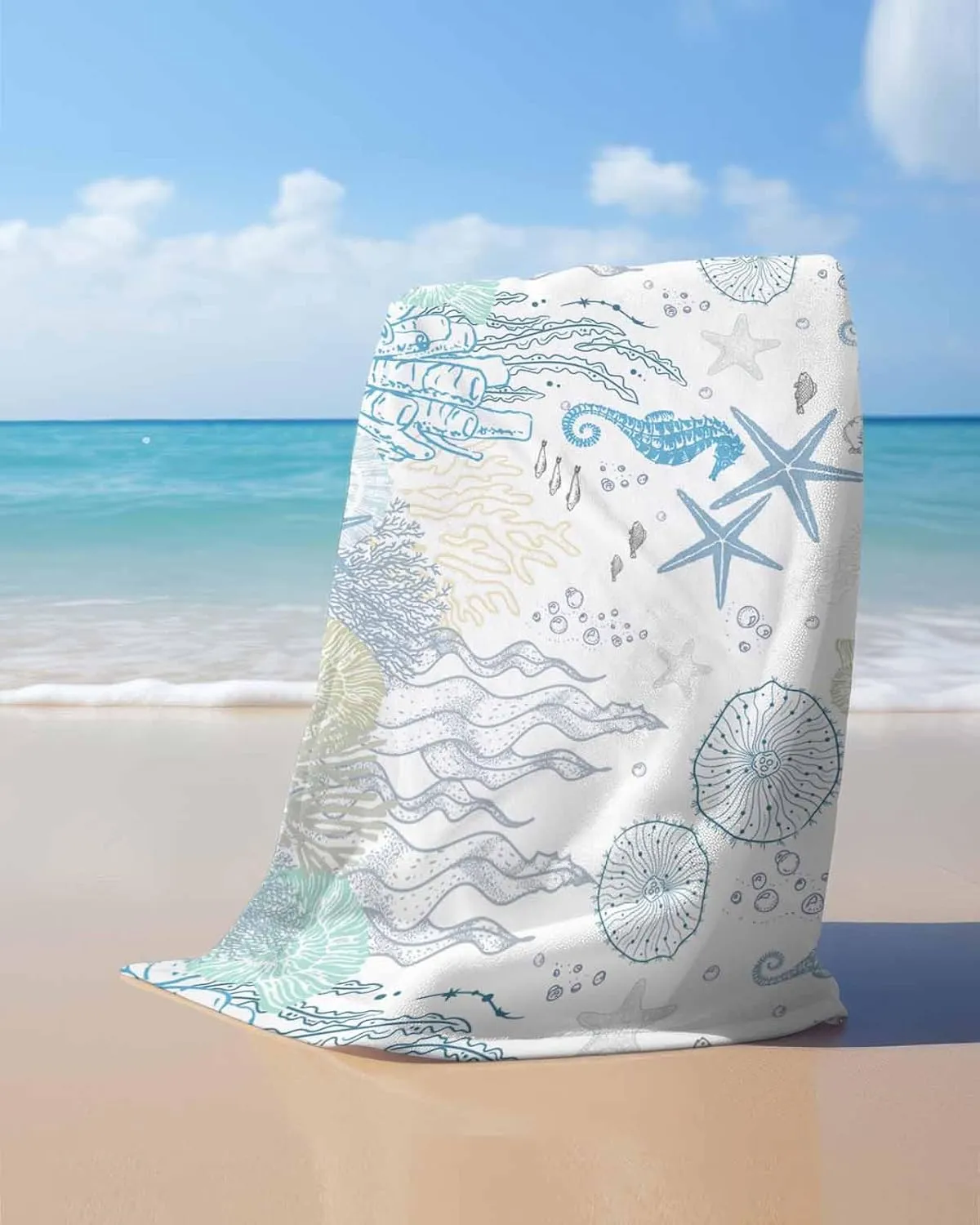 for Travel/Swimming Pool/Camping/Yoga/Gym,35x70 certainty recess cohesive wear covering never Inch Quick-Drying Microfiber Beach Towel, Blue Soft Absorbent Bath Shower Towels, Ocean Starfish Seahorse Lightweight Portable Towel/Blanket 