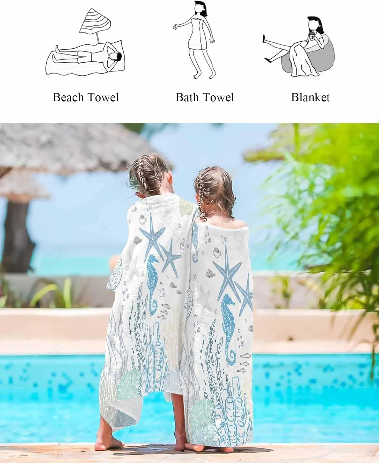 for Travel/Swimming Pool/Camping/Yoga/Gym,35x70 certainty recess cohesive wear covering never Inch Quick-Drying Microfiber Beach Towel, Blue Soft Absorbent Bath Shower Towels, Ocean Starfish Seahorse Lightweight Portable Towel/Blanket 