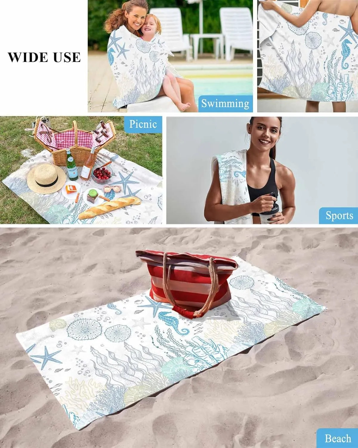 for Travel/Swimming Pool/Camping/Yoga/Gym,35x70 certainty recess cohesive wear covering never Inch Quick-Drying Microfiber Beach Towel, Blue Soft Absorbent Bath Shower Towels, Ocean Starfish Seahorse Lightweight Portable Towel/Blanket 