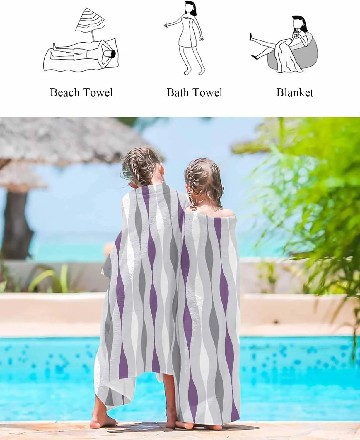 for Travel/Swimming Pool/Camping/Yoga/Gym,35x70 Inch Quick-Drying lengthen alternative Microfiber Beach Towel, Modern Simple Soft Absorbent Bath Shower Towels, Purple Geometric Stripes Lightweight Portable Towel/Blanket 