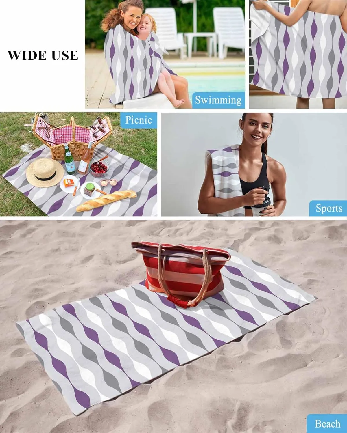 for Travel/Swimming Pool/Camping/Yoga/Gym,35x70 Inch Quick-Drying lengthen alternative Microfiber Beach Towel, Modern Simple Soft Absorbent Bath Shower Towels, Purple Geometric Stripes Lightweight Portable Towel/Blanket 