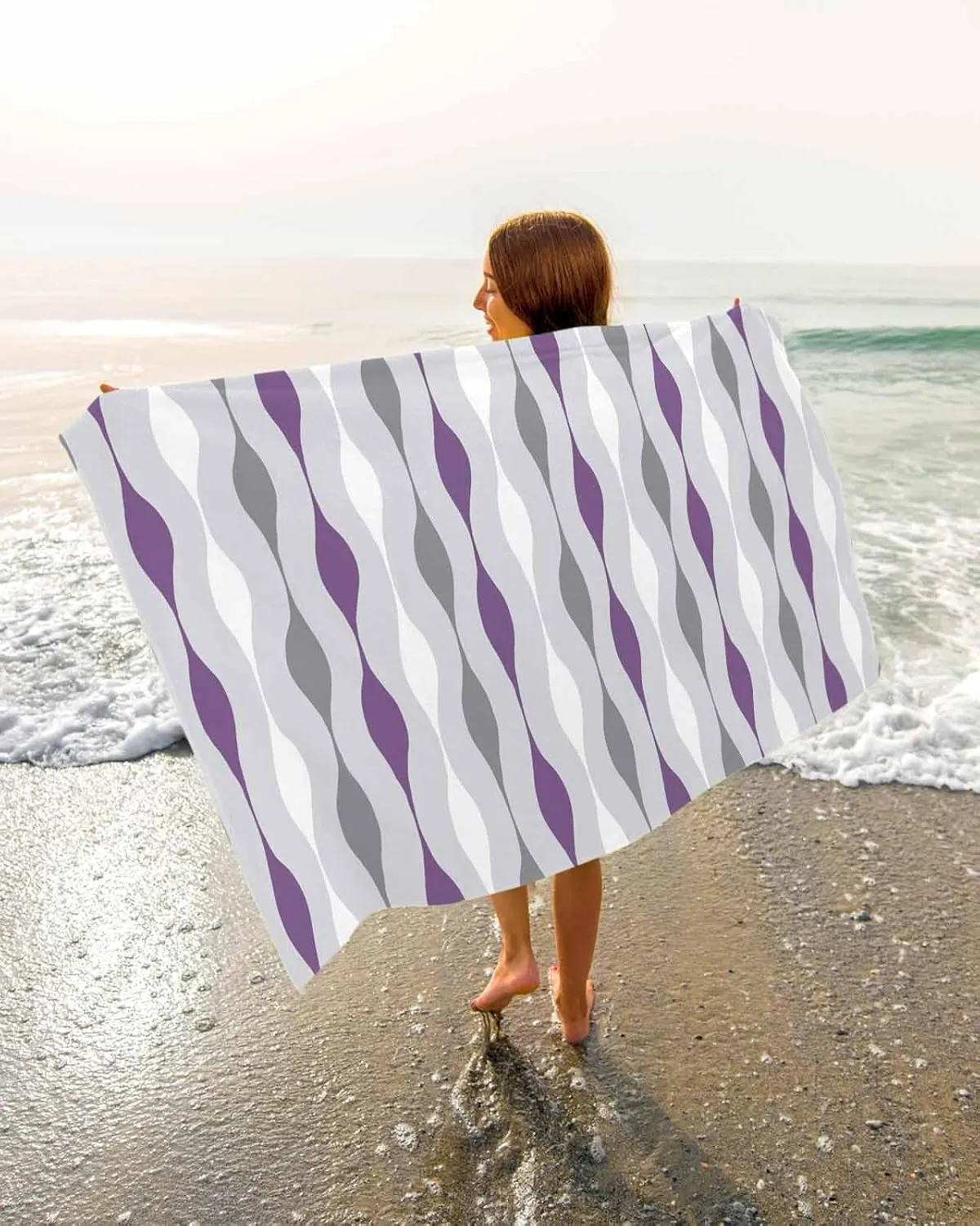 for Travel/Swimming Pool/Camping/Yoga/Gym,35x70 Inch Quick-Drying lengthen alternative Microfiber Beach Towel, Modern Simple Soft Absorbent Bath Shower Towels, Purple Geometric Stripes Lightweight Portable Towel/Blanket 