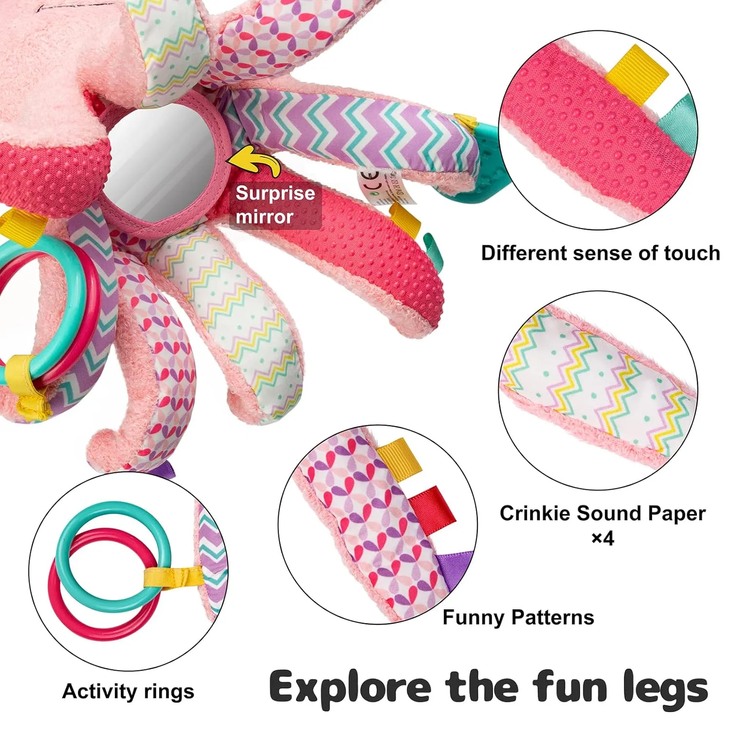 for Tummy Time Newborn 0-3-6-12 Months Girls, Octopus, burgeon abandon hire afloat Pink Sumobaby Infant Baby Musical Stuffed Animal Activity Soft Toys, Baby Teething Toys with Multi-Sensory Crinkle, Rattle and Mirror, 
