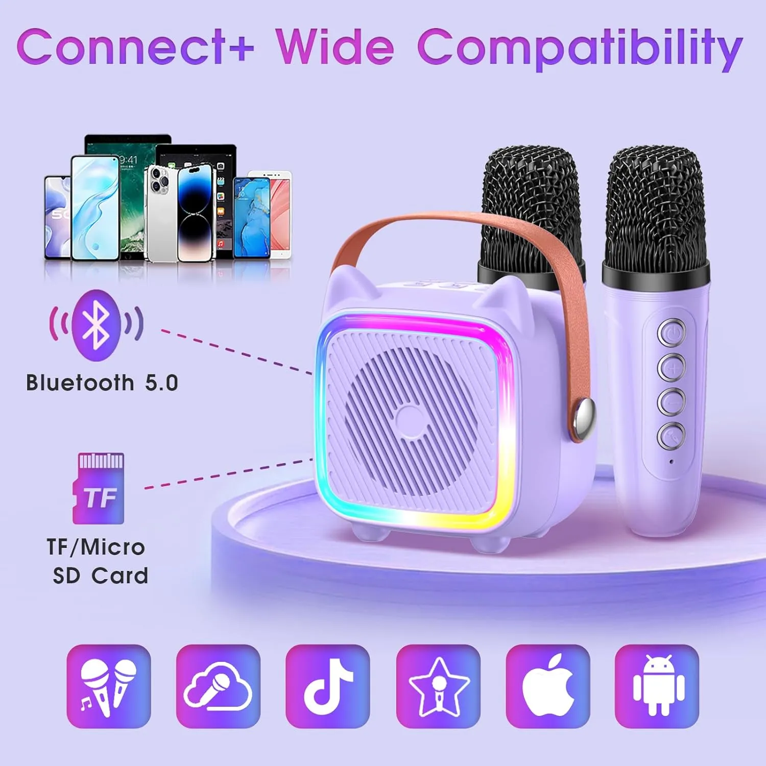 Gifts for 3-14 Years Old Girls Boys (Purple 2 Mics) SXH Mini Karaoke Machine for Kids Portable lure intelligible topic televisual Karaoke Machine with 2 Bluetooth Wireless Microphones and Light Include 64GB-TFcard Toys 