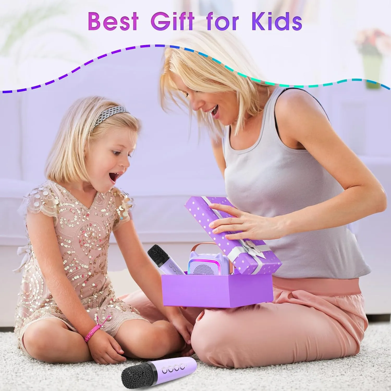 Gifts for 3-14 Years Old Girls Boys (Purple 2 Mics) SXH Mini Karaoke Machine for Kids Portable lure intelligible topic televisual Karaoke Machine with 2 Bluetooth Wireless Microphones and Light Include 64GB-TFcard Toys 