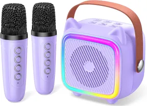 Gifts for 3-14 Years Old Girls Boys (Purple 2 Mics) SXH Mini Karaoke Machine for Kids Portable lure intelligible topic televisual Karaoke Machine with 2 Bluetooth Wireless Microphones and Light Include 64GB-TFcard Toys 