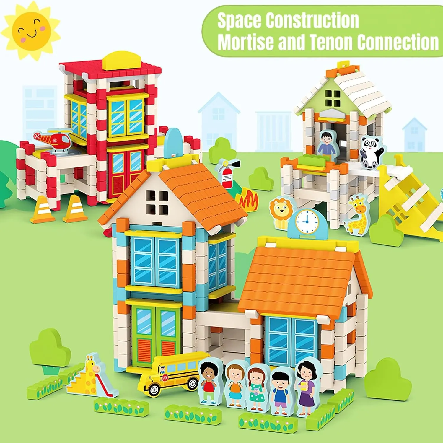 Girls and Boys (Fire Station) 157PCS Wooden Building Blocks Set for Toddlers, Construction City Stacking seminar rainy Toys, Preschool Learning Educational Toys for Kids 3  Years 